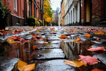 Obraz premium Wet cobblestone alley reflects autumn colors and buildings in a peaceful urban setting, Wet cobblestone alley reflecting buildings, autumn leaves scattered