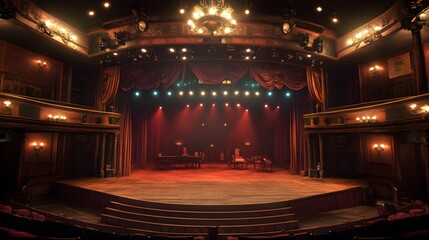 A theater stage with rotating set pieces for a quick scene change