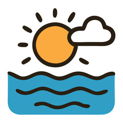 Cute flat design icon depicting the sun over the ocean with a cloud, symbolizing environmental weather patterns and climate change concerns.