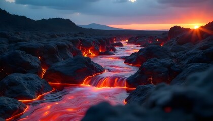 A river of lava flowing through a rocky landscape , the sky is cloudy and the sun is setting , the rocks are black and the lava is orange .