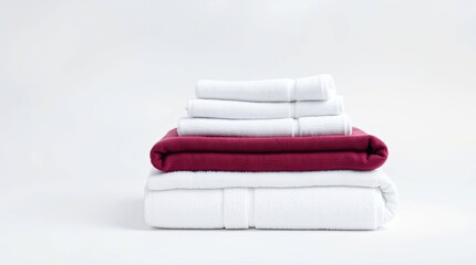 A stack of folded white and maroon towels neatly arranged on a plain white surface in a studio setting