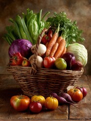 Colorful Assortment of Fresh Vegetables in a Wicker Basket. High quality