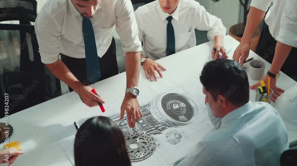 Poster top view of professional engineer showing and talking about turbine engine design. aerial view of sk