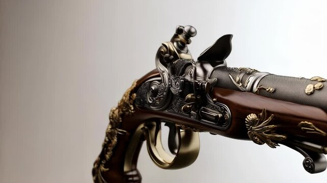Ornate antique pistol, detailed carvings, vintage weapon, firearm, historic, metallic silver accents, brown wood grain, elegant design, museum exhibit, historical armament