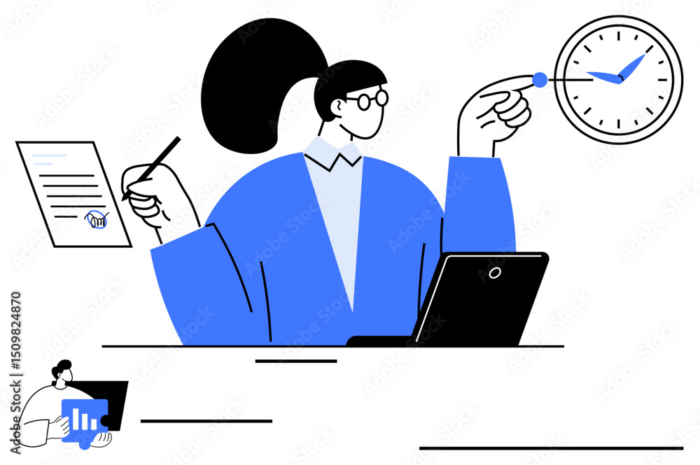 Aufkleber woman working on a laptop while handling documents and pointing at a clock. ideal for productivity, 