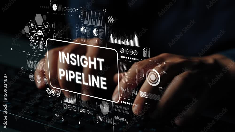 Poster Digital Data Analysis Concept with Hands Typing and Visual Graphs for Insight Pipeline Interpretation. Asymptotic smart data analytic.