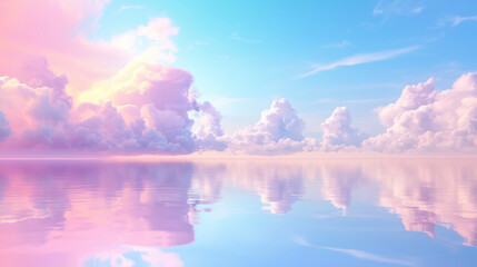 3D Dreamy Skyscape Pink and Purple Clouds Reflecting on Calm Water, Serene Surreal Landscape Refreshing Fashion Backdrop