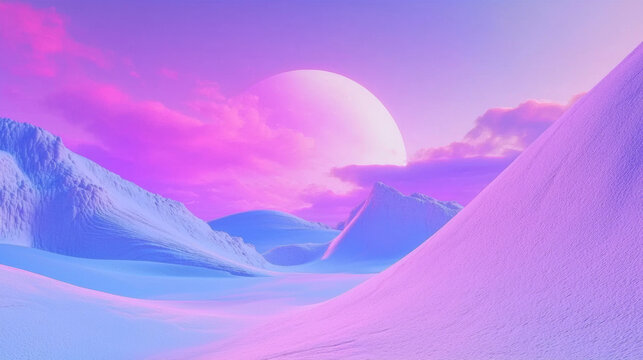 Soft neon twilight over surreal pastel mountain landscape with glowing celestial body and vibrant pink sky gradient in a dreamy sci-fi environment background