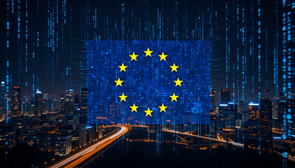 Conceptual image of NIS2 directive featuring EU stars with a data stream overlay on a metropolitan skyline, highlighting secure digital infrastructure across Europe.