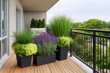 Lavender, ornamental grass and other plants growing in pots on a modern balcony