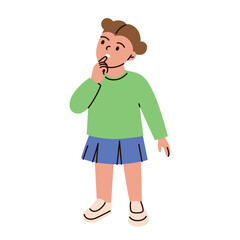 Vector illustration of thoughtful girl thinking with curious expression. Flat cartoon child with confusion, hesitation, cute puzzled schoolgirl for childrens books, posters, educational materials