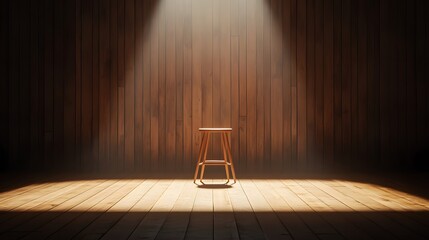 A minimalist wooden stage with a single stool and soft spotlight