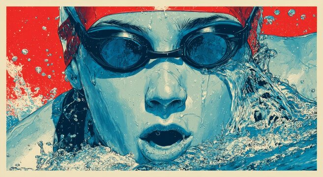 Vintage-style female swimmer vector illustration - dynamic red/white/blue retro composition with high-contrast pool elements