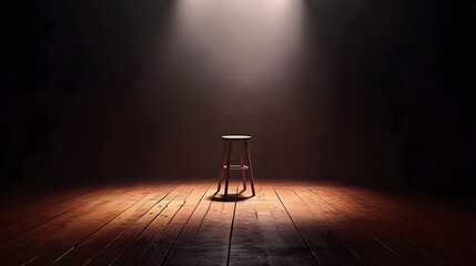 A minimalist wooden stage with a single stool and soft spotlight