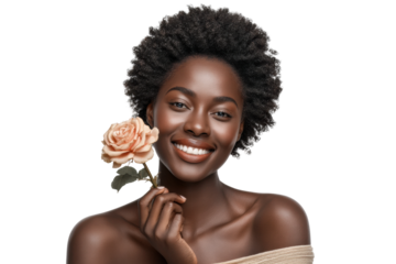 PNG Smiling african female adult with rose on black background