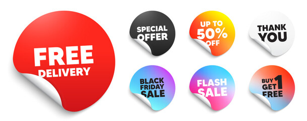 Free delivery red sticker tag. Special offer paper price tags. Free delivery tag. Shipping and cargo service message. Business order icon. Discount, black friday sticker. Promo banner. Vector