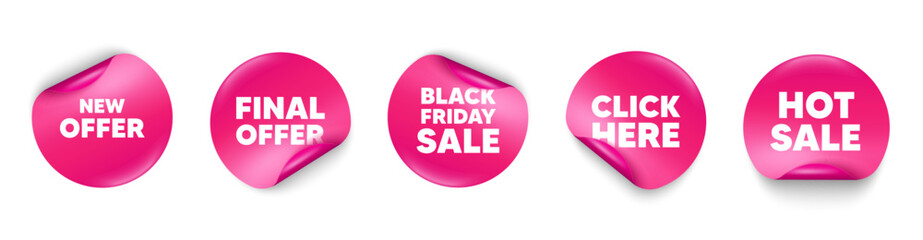 New offer sticker tag. Click here, Black friday paper price banners. New offer tag. Special price sign. Advertising Discounts symbol. Hot sale sticker. Promo banners. Vector