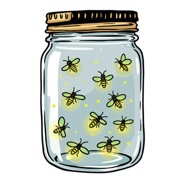 Jar filled with fireflies glowing inside a glass container  