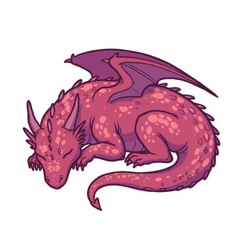 Cartoon pink dragon sleeping with wings tucked beside its body  
