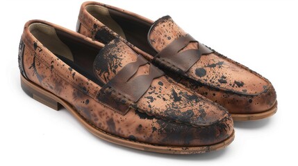 Luxurious leather loafers splattered with mud exhibit detailed texture and realistic dirt smudges isolated on a white background.