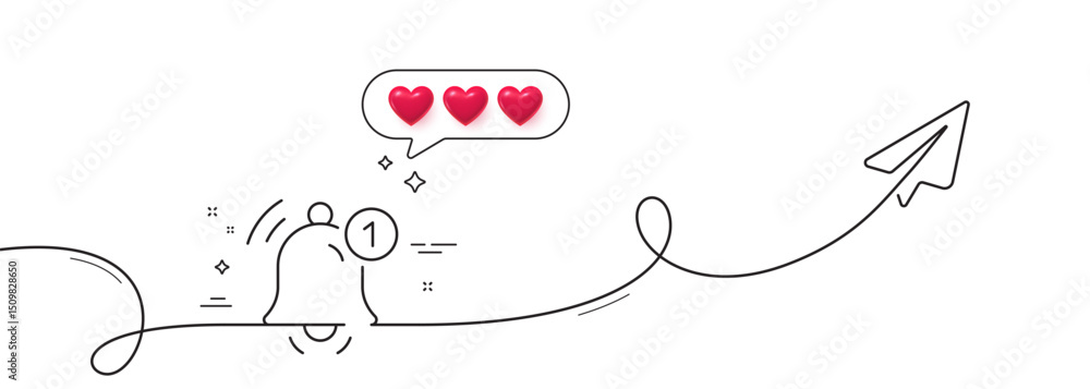 Poster reminder line icon. continuous line with share plane. notice bell sign. notification new message sym