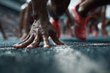 Athletes poised at starting blocks on track, close-up of sportswear textures and spike details in motion readiness