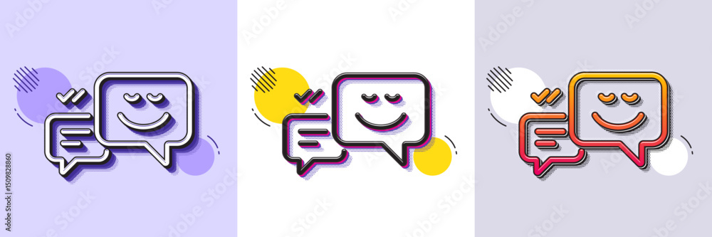 Poster message speech bubbles with smile line icon. halftone dotted pattern. gradient icon with grain shado