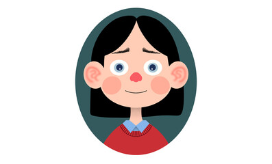 A cartoon girl with big eyes, red nose, rosy cheeks, black hair, red sweater, and a blue shirt collar, set in an oval green background, girl with a big smile