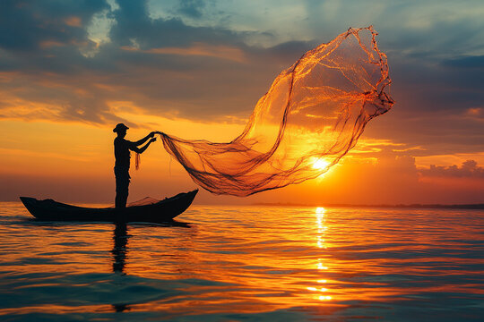 Silhouette of a fisherman casting a net into the sea - Powered by Adobe