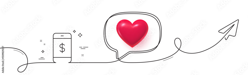 Poster mobile shopping line icon. continuous line with share plane. smartphone online buying sign. dollar s