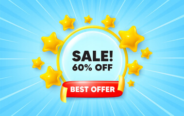 Sale sunburst ray banner. Best offer flag ribbon. Sale 60 percent off discount. Promotion price offer sign. Retail badge symbol. 3d stars glitter. Red ribbon tag. Discount offer. Vector