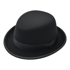 Black bowler hat isolated on a grey background, showcasing classic fashion and style.