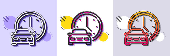 Book car line icon. Halftone dotted pattern. Gradient icon with grain shadow. Rental time service sign. Order transport symbol. Line book car icon. Various designs. Vector