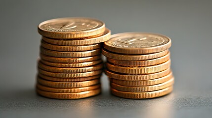 Two stacks of golden coins placed on a flat surface under soft lighting conditions in a close up shot