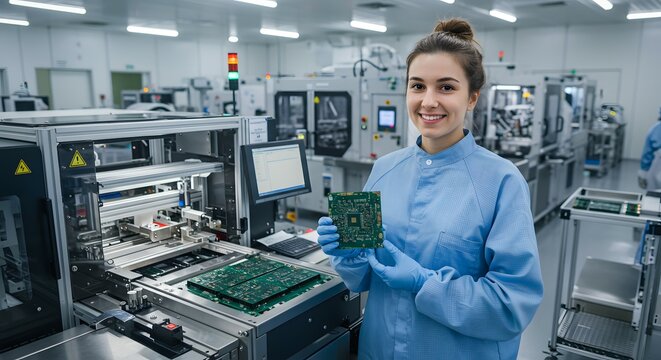 Smiling Female Engineer Holding a Circuit Board in a High-Tech Manufacturing Facility