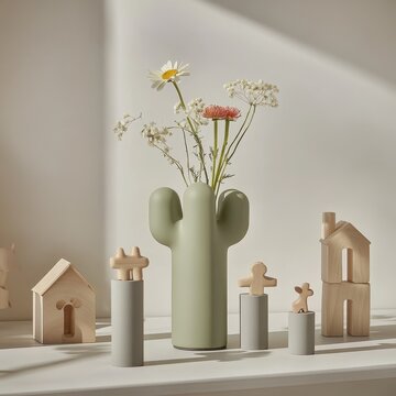 Green Cactus Vase with Floral Arrangement on Gray Pedestals, Minimalist Wooden Toy Scenery for J Amaral & Co. Campaign