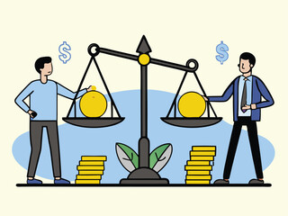 Businessmen Balancing Money and Assets on Scale – Concept of Financial Equality, Wealth Distribution, and Investment Decisions. Man saves money to buy private house,  vector and illustration.