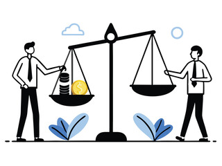 Businessmen Balancing Money and Assets on Scale – Concept of Financial Equality, Wealth Distribution, and Investment Decisions. Man saves money to buy private house,  vector and illustration.