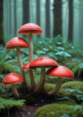 Photo of red mushrooms in the middle forest