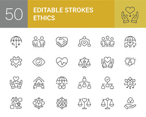 Ethics and compliance line icon set editable strokes for business and corporate responsibility concept