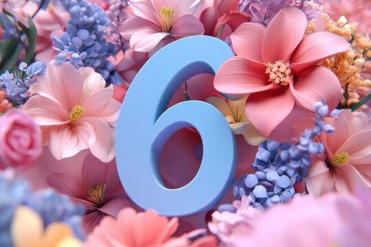 A blue number 6 is surrounded by pink flowers