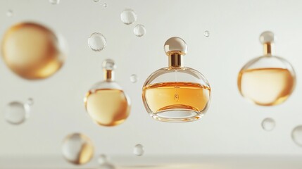 Floating perfume bottles, golden hue,  among bubbles