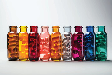 many glass vials with colorful capsules and pills  inside on light blue background