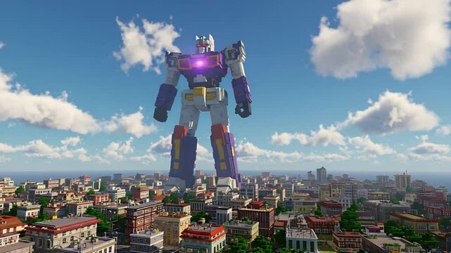 Giant Robot Standing Over City with Cloudy Blue Sky