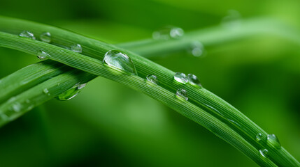 Naklejka premium Dewy grass blades with water droplets, a fresh morning's delicate beauty.