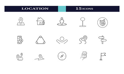 Location and Navigation Web Icon Set in Modern Line Style – Collection of Map Pin, GPS, Address, Place, Route, Distance, and Navigation Symbols for Web, App, and UI Design...