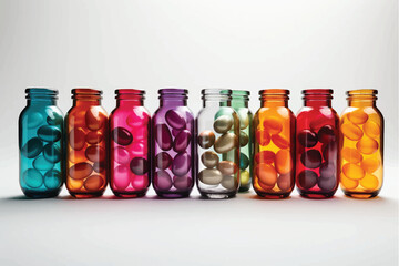 many glass vials with colorful capsules and pills  inside on light blue background