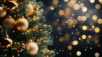 Beautifully Decorated Christmas Tree with Golden Ornaments, Twinkling Fairy Lights, and Wrapped Gift Boxes on a Festive Blurred Background


