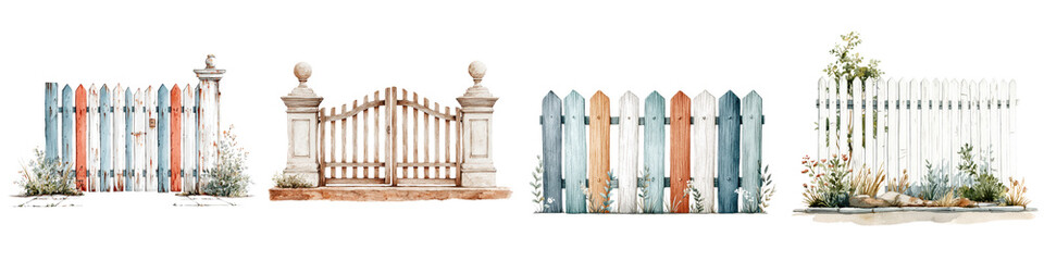 Fototapeta premium Charming wooden fences and gates featuring vibrant colors, natural textures, and vintage styles, perfect for garden decoration and rustic home aesthetics.