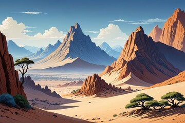 Naklejka premium there is a painting of a desert scene with mountains and trees